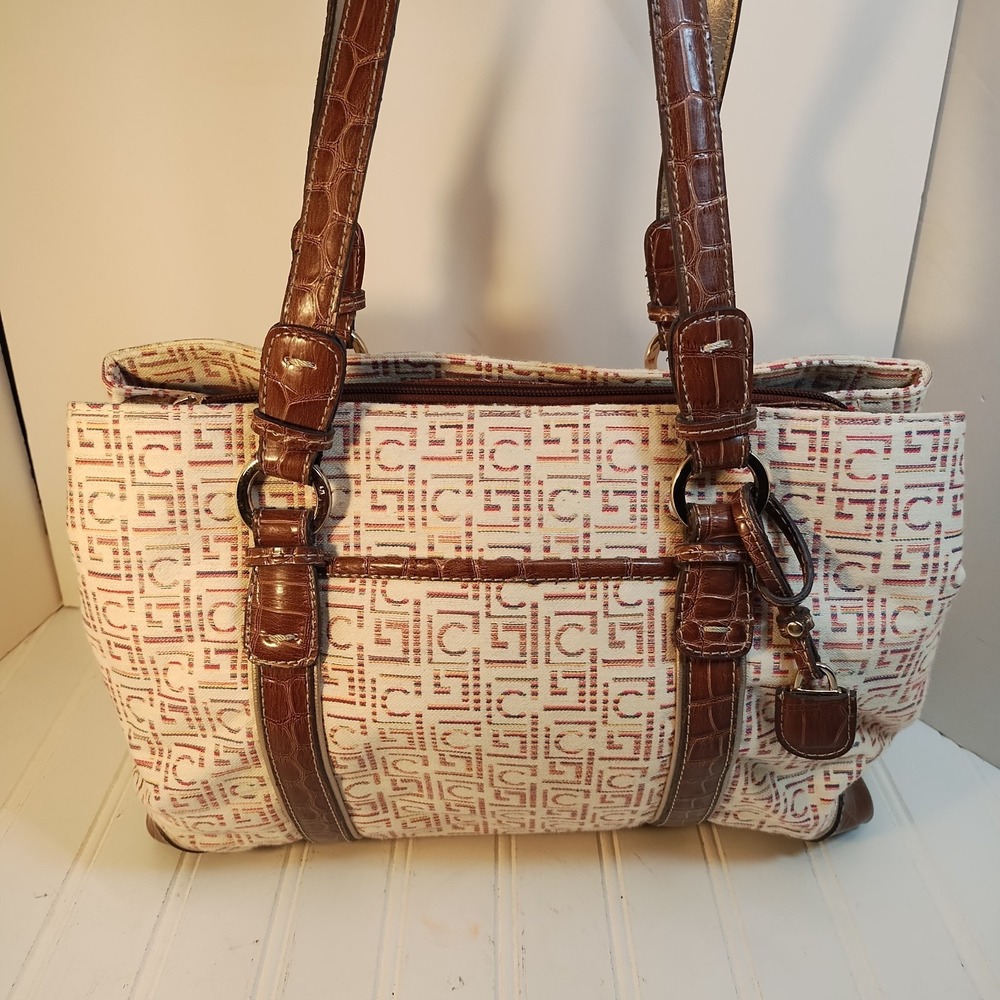 Liz Claiborne Signature Logo Print Satchel Bag Brown Faux Crocodile Trim Purse